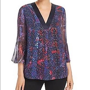 Elie Tahari, Rose 3/4 bell-sleeve floral silk blouse in navy, size large